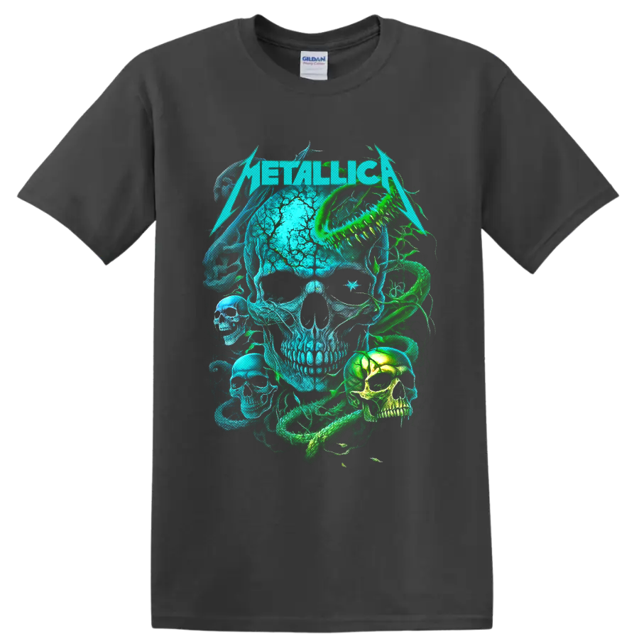 Metallica neon skulls and coiled snake graphic in electric blue and green on a Charcoal T Shirt