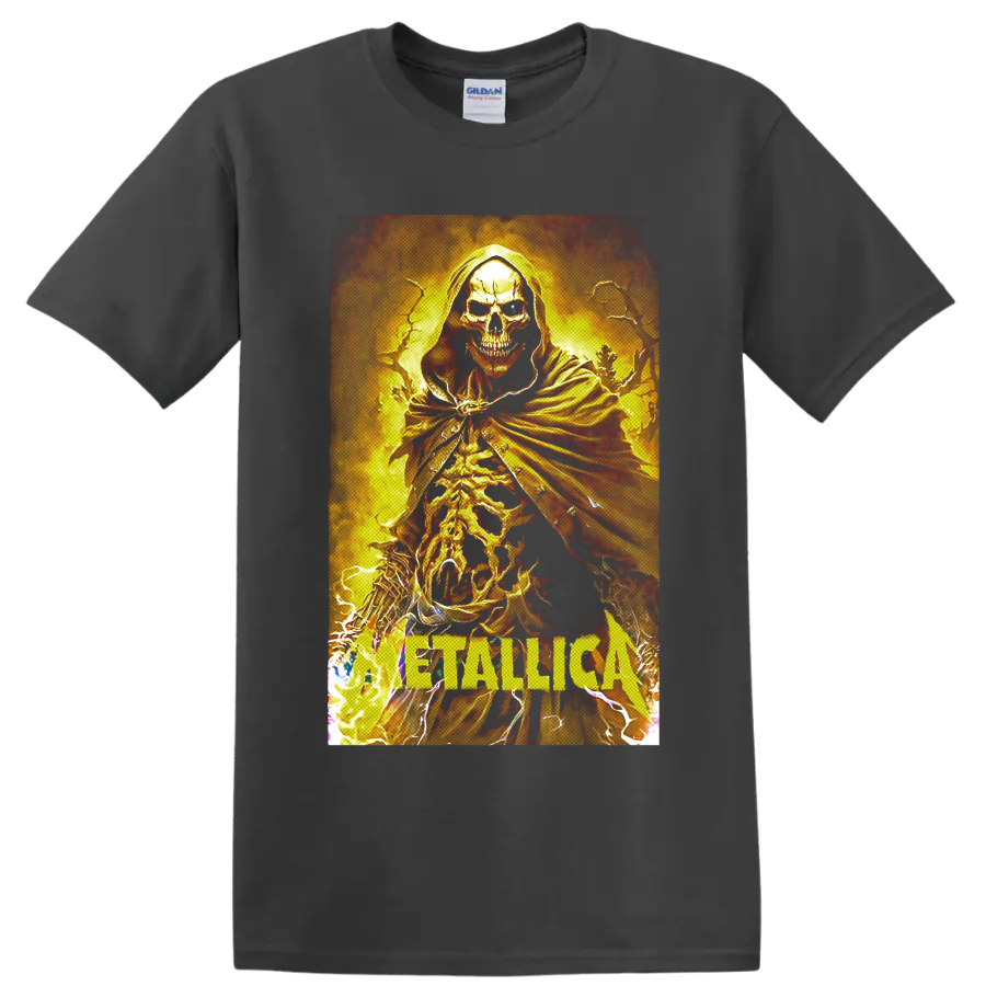 Metallica hooded skeleton graphic with flames, lightning, and band lettering on a Charcoal T Shirt