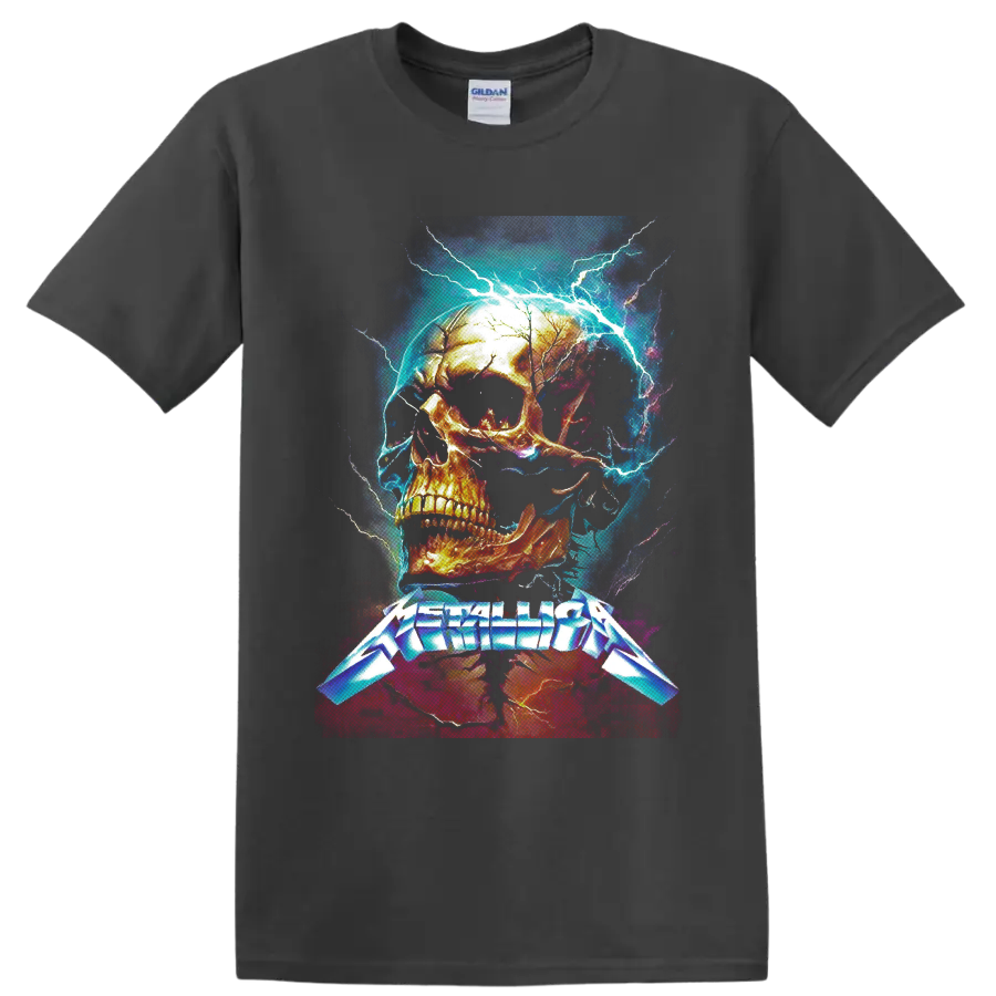 Metallica logo beneath a fiery skull with electric blue lightning on a Charcoal T Shirt
