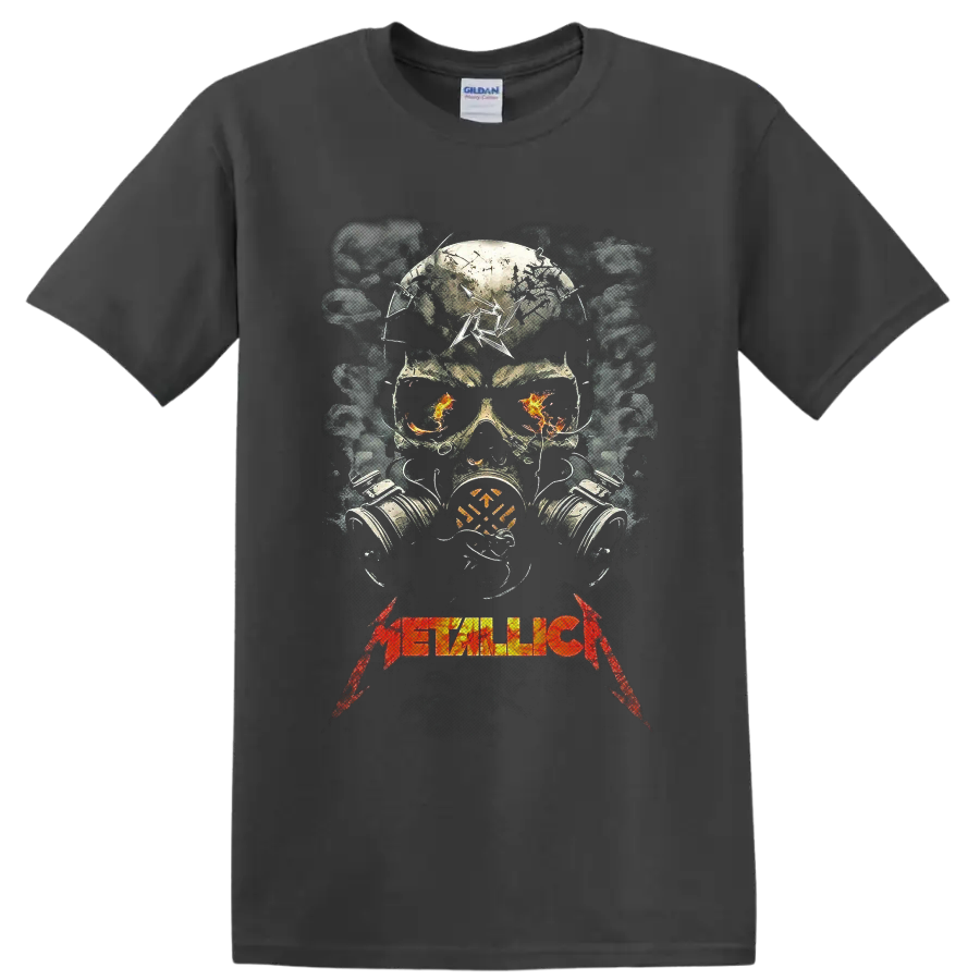 Metallica distressed skull in gas mask with flames, smoke, and band logo on a Charcoal T Shirt