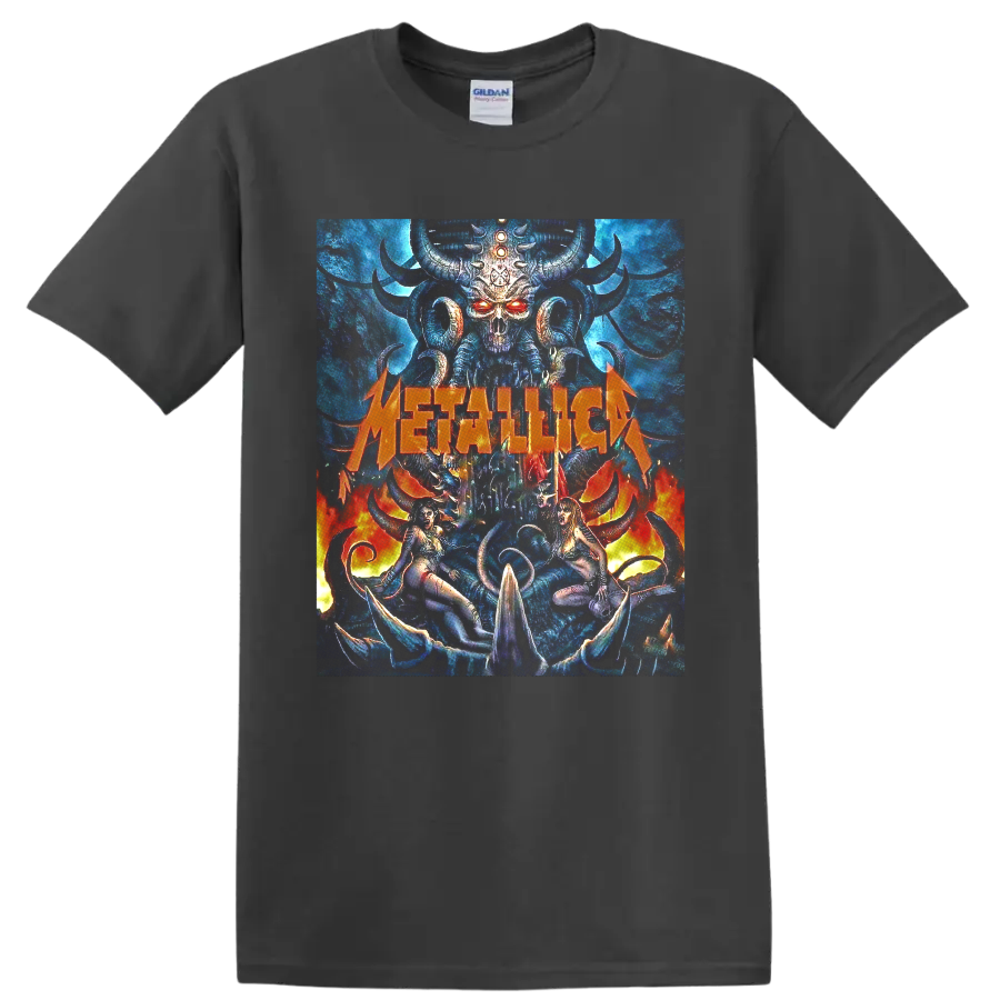 Metallica horned skull demon graphic with blue fantasy art, flames, and orange logo on a Charcoal T Shirt
