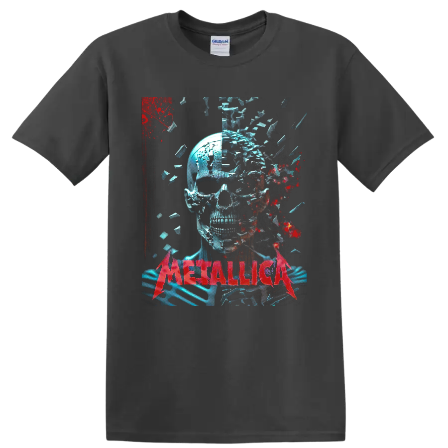 Metallica shattered skull graphic with blue fragments, red splatter, and red band on a Charcoal T Shirt