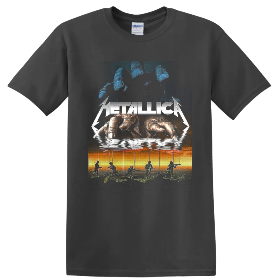 Metallica logo over giant hands controlling soldier marionettes in surreal rock art on a Charcoal T Shirt