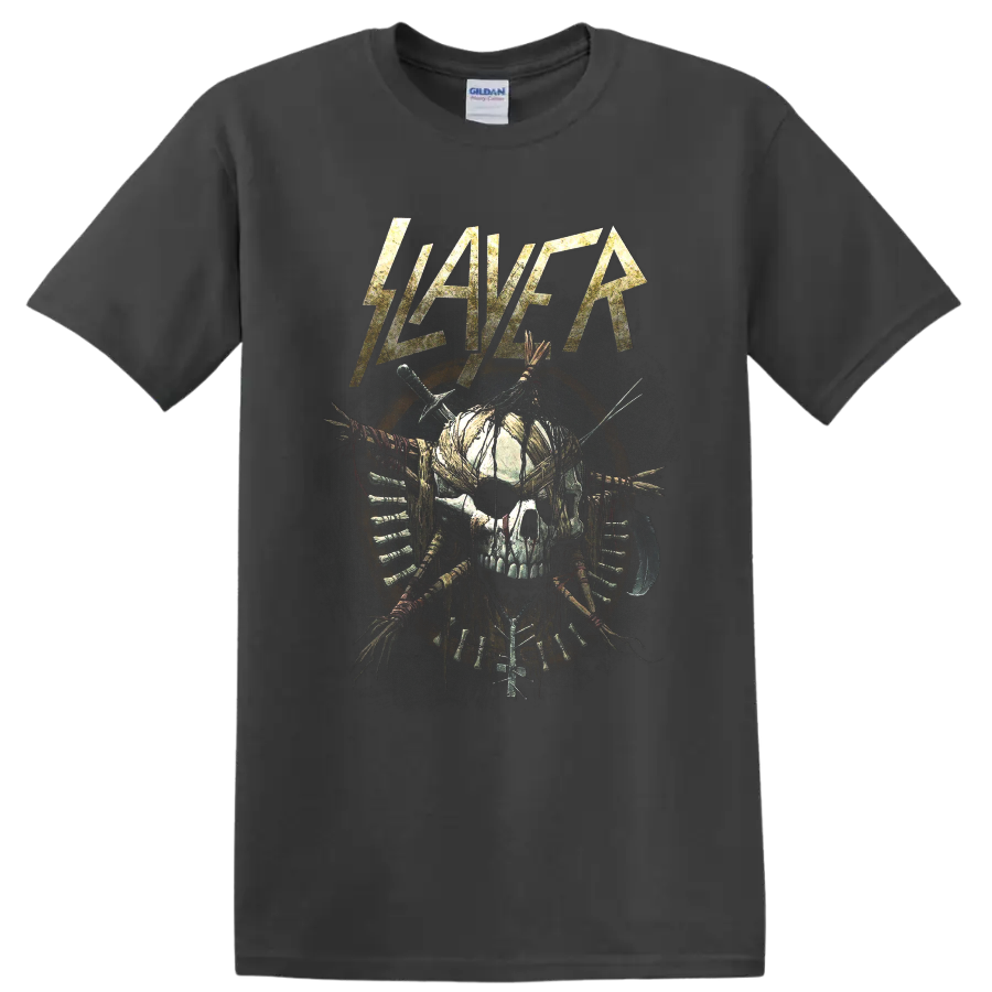 Slayer distressed logo above a bound skull with blades and weapon details on a Charcoal T Shirt