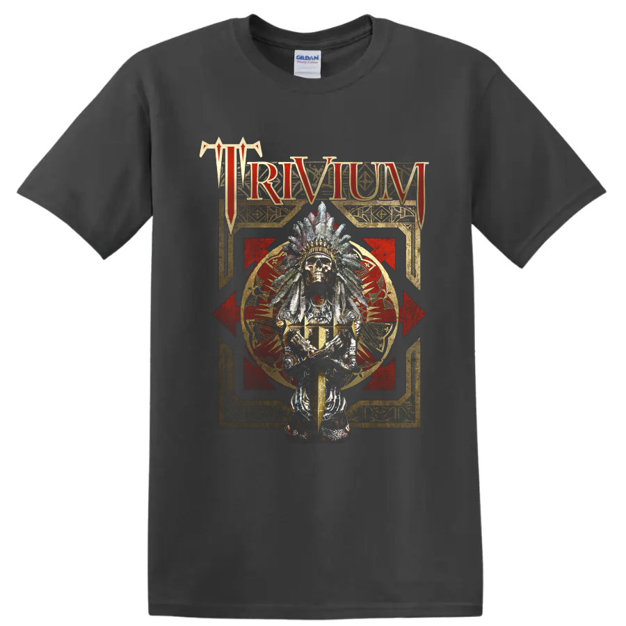 Trivium feathered skull warrior with sword in distressed gothic metal artwork on a Charcoal T Shirt
