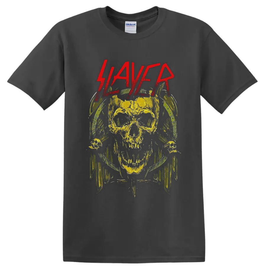 Slayer logo above a distressed horned skull in gothic thrash metal artwork on a Charcoal T Shirt