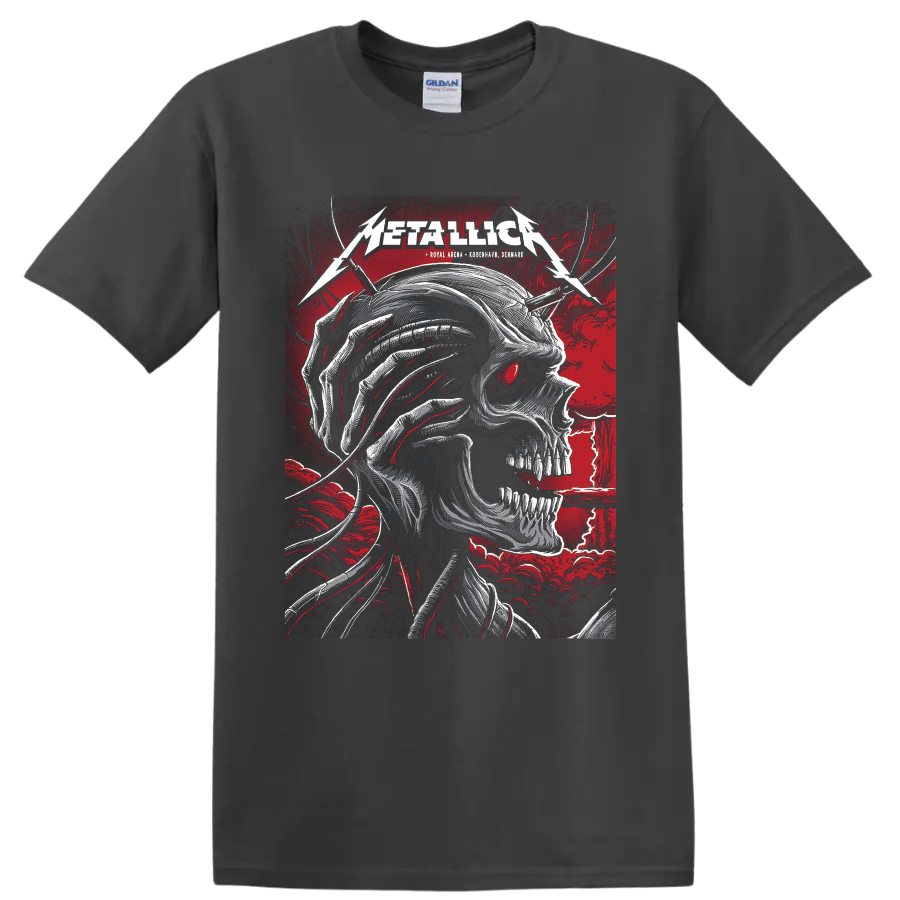 Metallica Royal Arena Copenhagen skull concert poster graphic with red eye and lightning on a Charcoal T Shirt