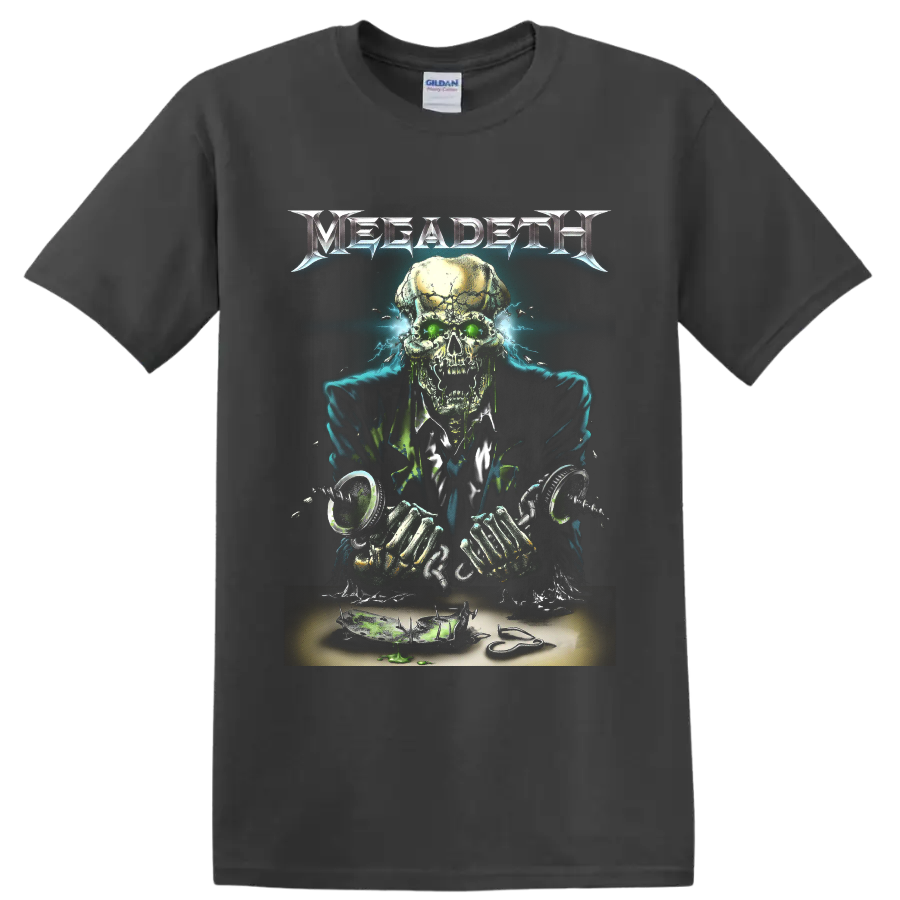 Megadeth Vic Rattlehead skull artwork with green eyes and electric blue energy on a Charcoal T Shirt