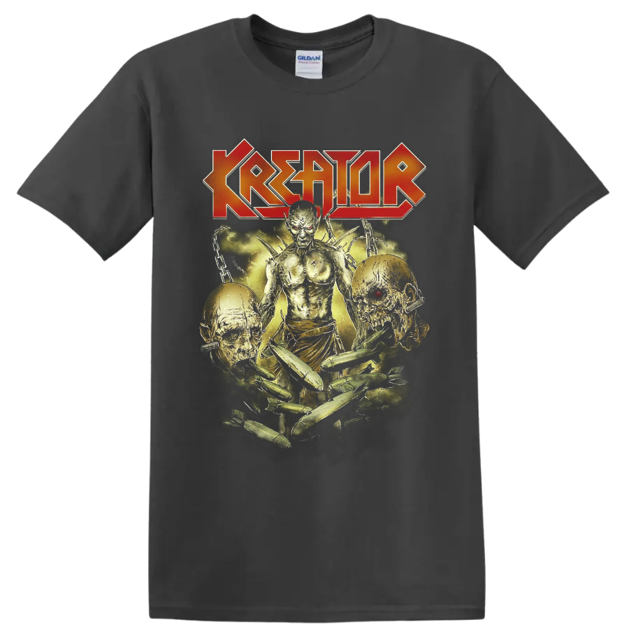 Kreator logo above skeletal warrior, skulls, chains, and bullets in distressed horror art on a Charcoal T Shirt