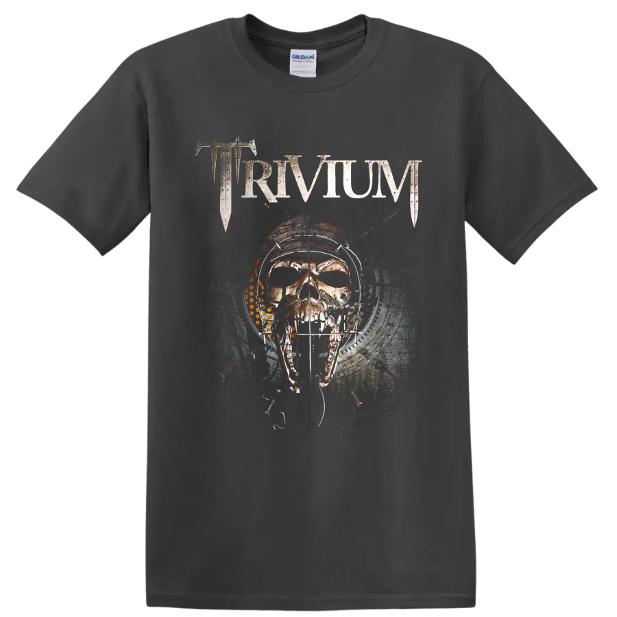Trivium distressed logo above a mechanical skull in gothic industrial artwork on a Charcoal T Shirt