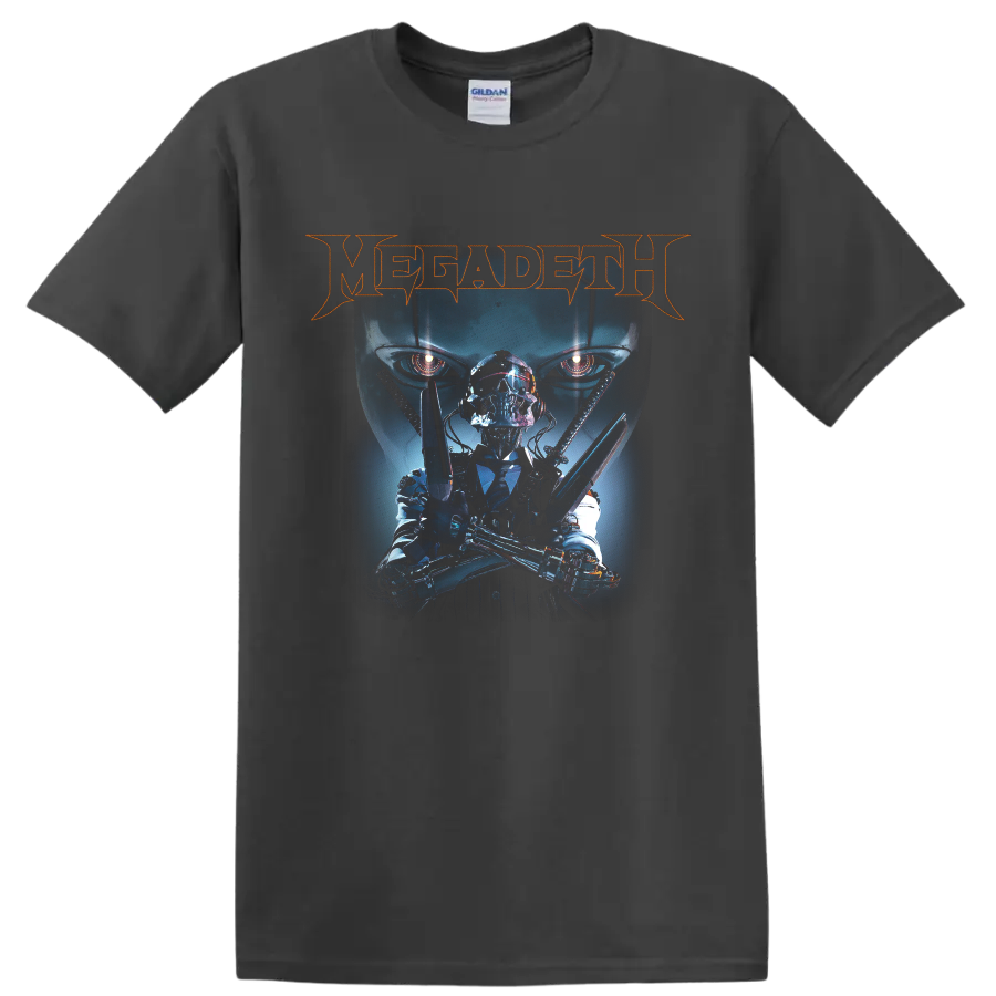 Megadeth logo with cybernetic Vic Rattlehead in a dark futuristic metal graphic on a Charcoal T Shirt