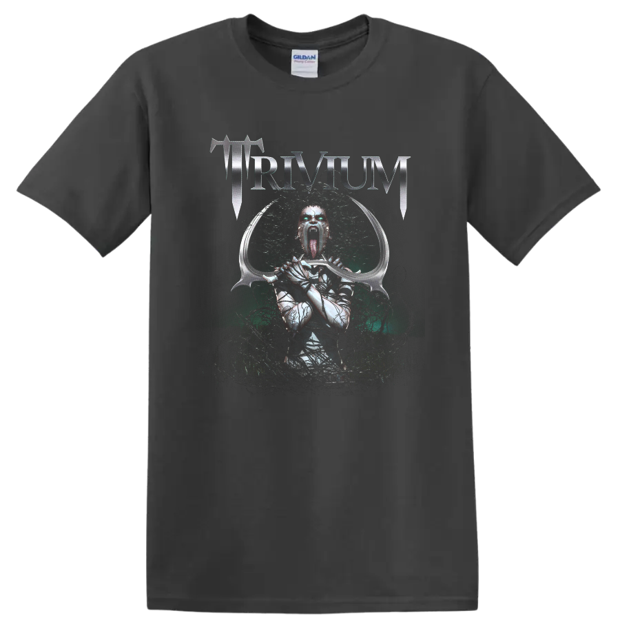 Trivium metallic logo above screaming demonic armored figure with curved sword on a Charcoal T Shirt