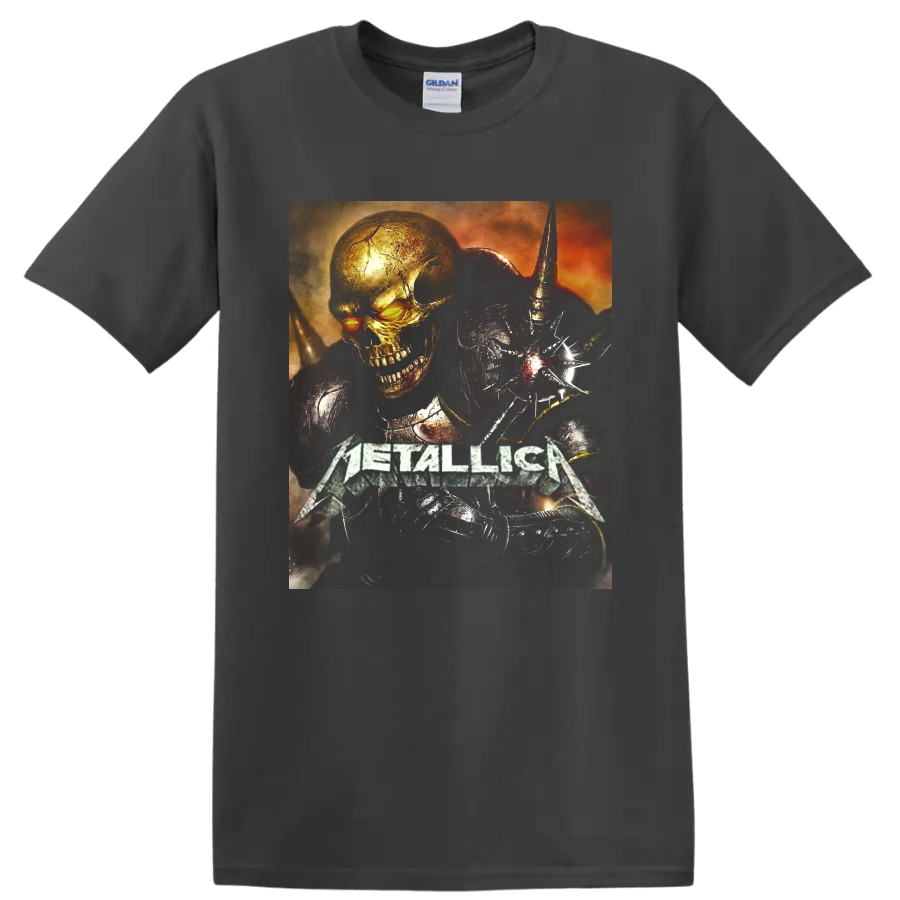 Metallica logo with glowing-eyed skull and dark armored warrior gothic graphic on a Charcoal T Shirt