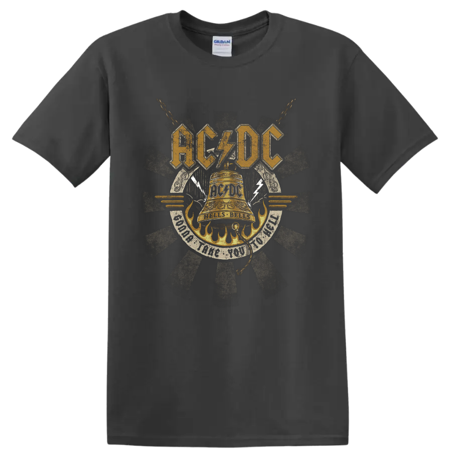 AC/DC Hells Bells distressed gold bell graphic with flames, chains, and lightning on a Charcoal T Shirt