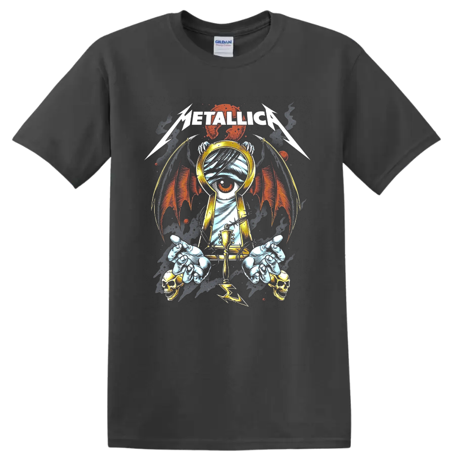 Metallica logo above a one-eyed mummy with gold headphones, wings, skulls, and barbed wire on a Charcoal T Shirt