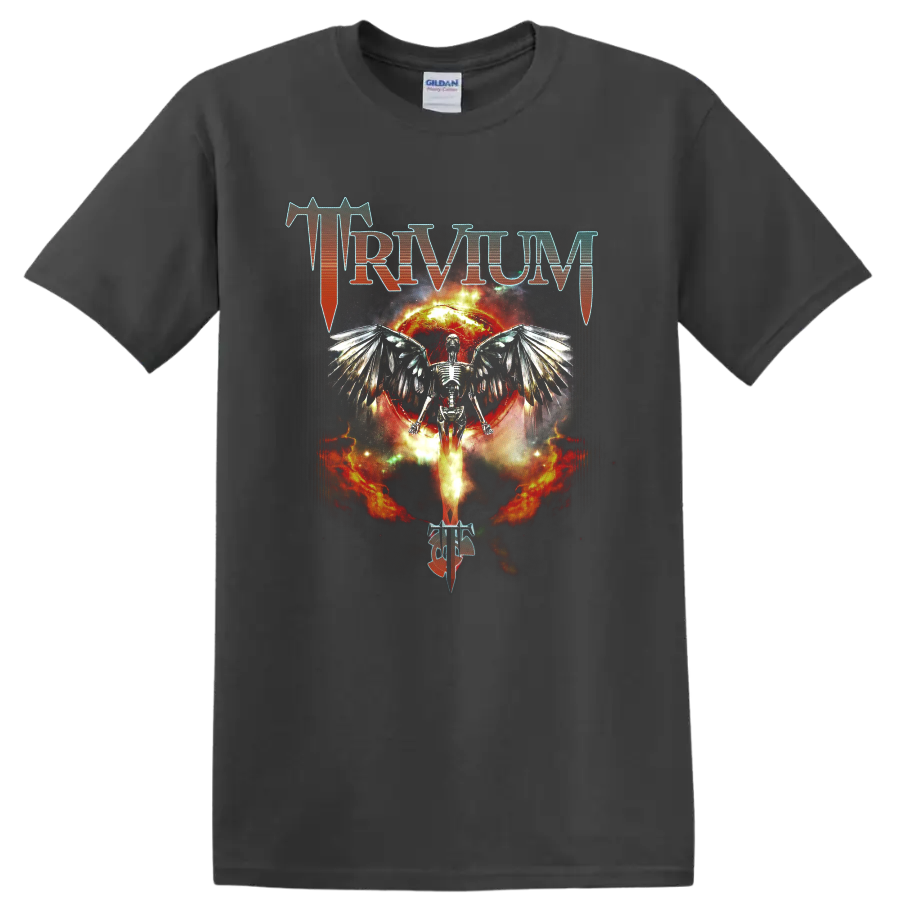 Trivium logo with winged skeleton, fiery eclipse, and flames in metal art on a Charcoal T Shirt