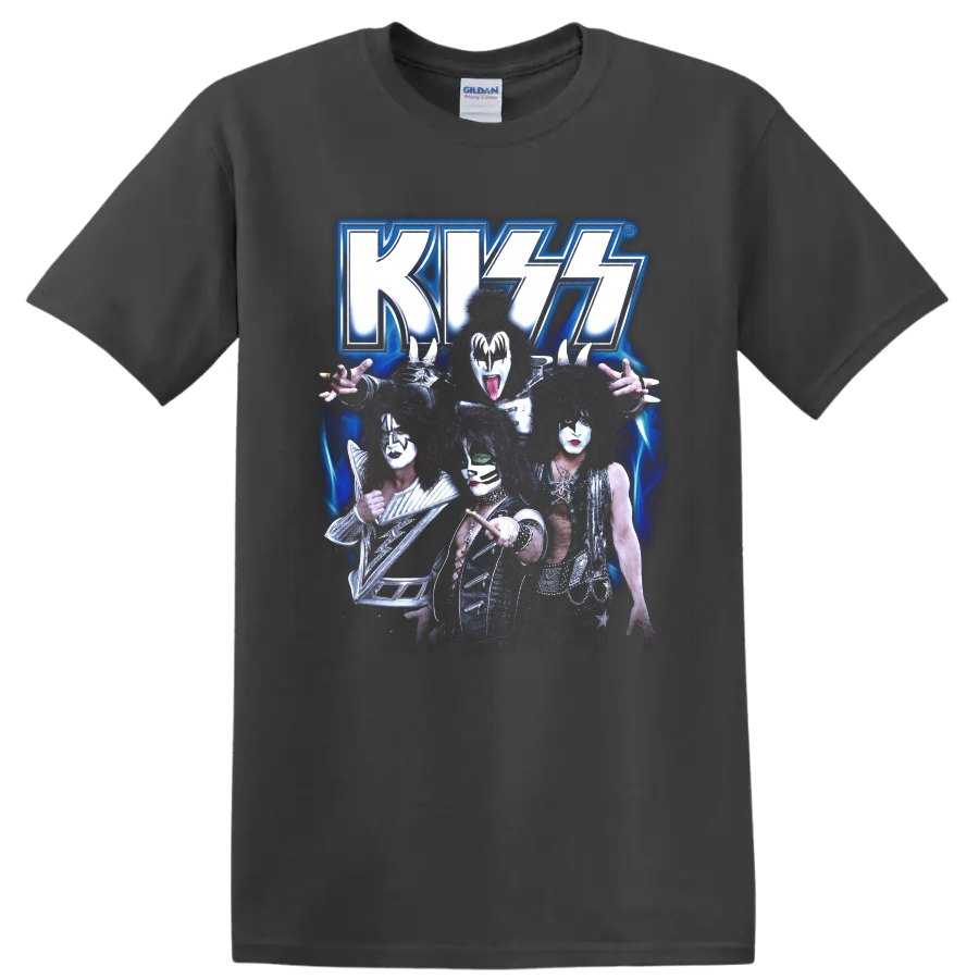 KISS band members in theatrical makeup beneath a glowing blue KISS logo on a Charcoal T Shirt