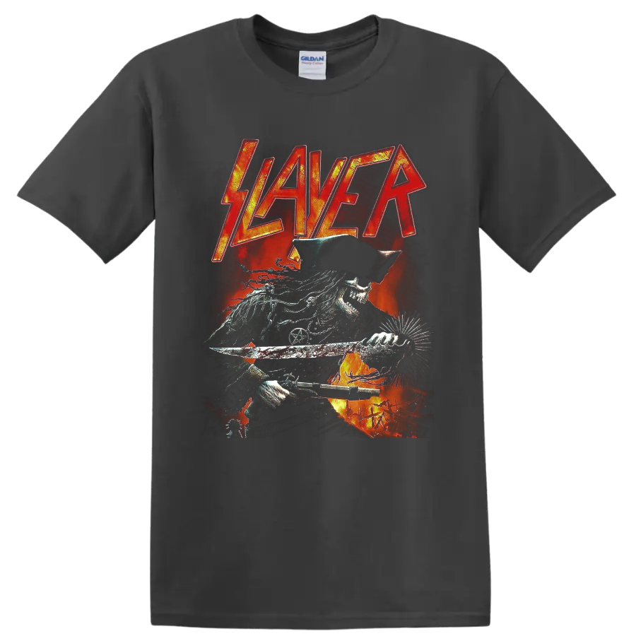 Slayer logo above a fiery pirate skeleton with sword and firearm in dark metal art on a Charcoal T Shirt