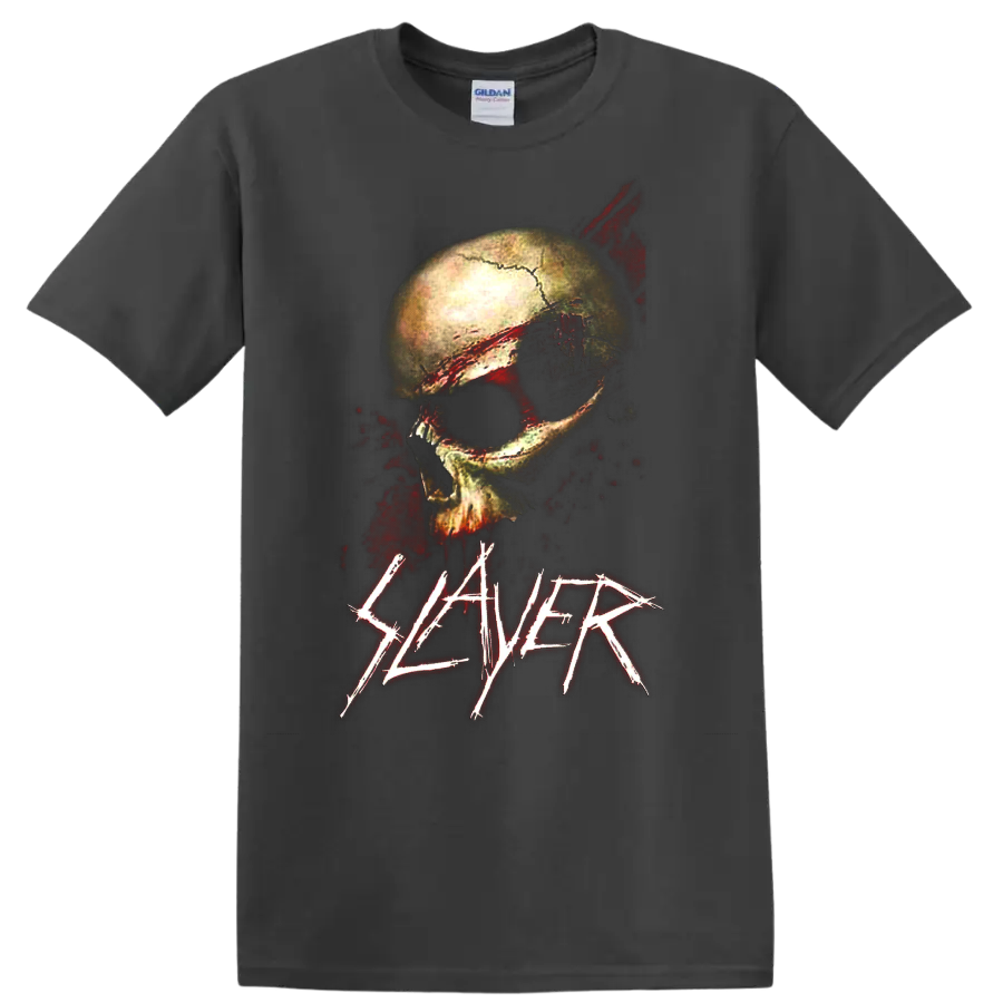 Distressed skull graphic with red splatter details and Slayer logo on a Charcoal T Shirt
