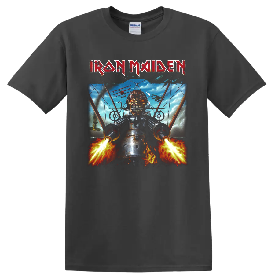 Iron Maiden Eddie fighter pilot graphic with blazing guns, aircraft, flames, and band logo on a Charcoal T Shirt