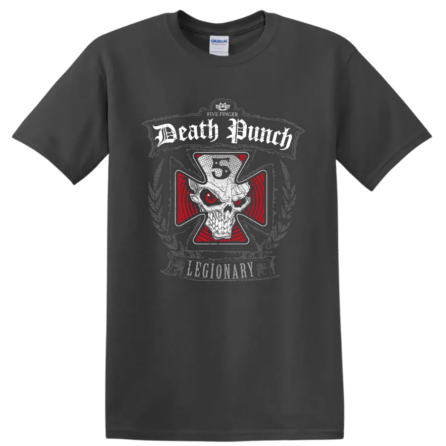 Five Finger Death Punch Legionary skull graphic with red eyes and distressed lettering on a Charcoal T Shirt