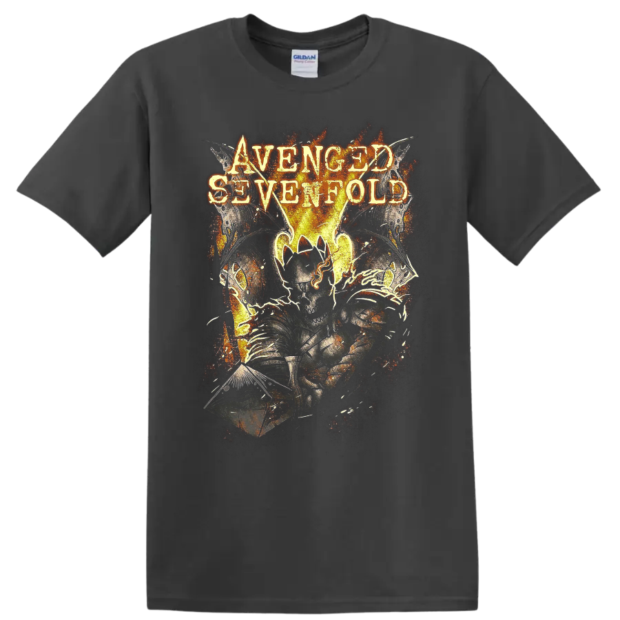 Avenged Sevenfold Deathbat in fiery distressed Shepherd of Fire graphic on a Charcoal T Shirt