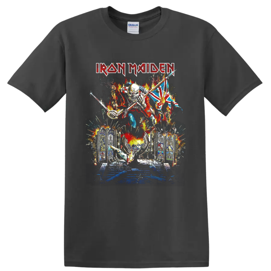 Iron Maiden Eddie the Trooper graphic with Union Jack, flames, and Gothic stained glass on a Charcoal T Shirt