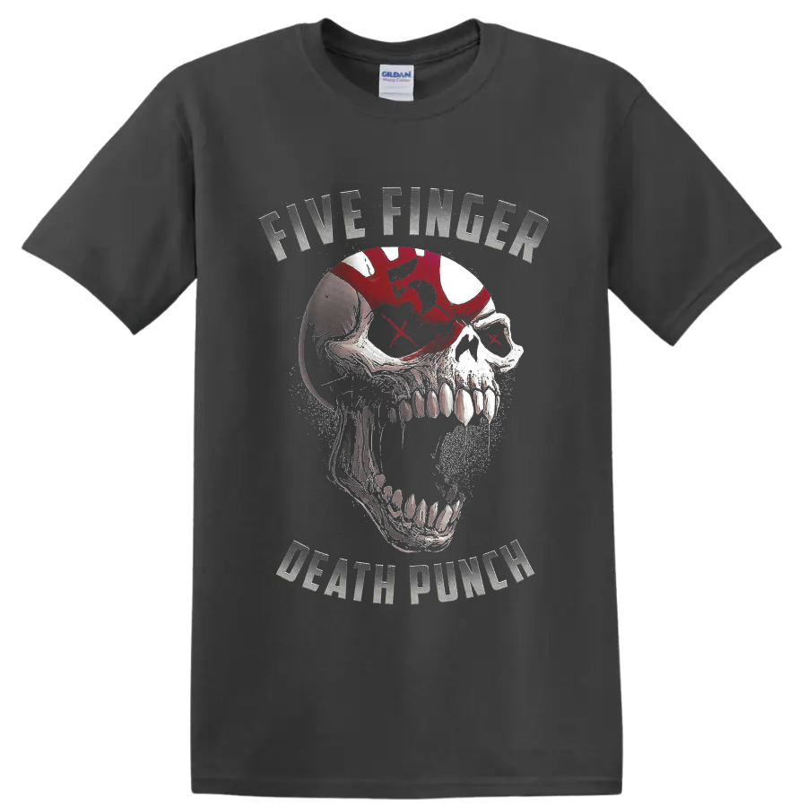 Five Finger Death Punch distressed skull graphic with red X eyes and band lettering on a Charcoal T Shirt