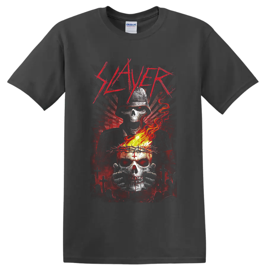 Slayer logo above hooded reaper and flaming skull in gothic graveyard art on a Charcoal T Shirt