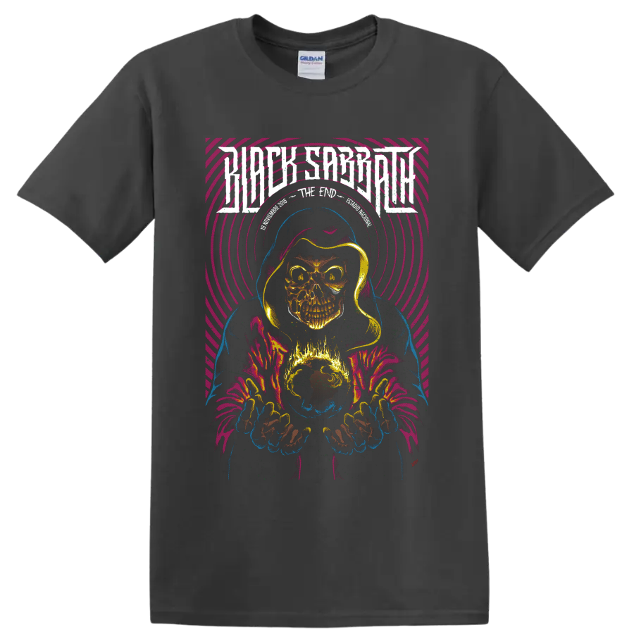 Judas Priest Invincible Shield hooded skull wizard with flaming globe and neon rings on a Charcoal T Shirt
