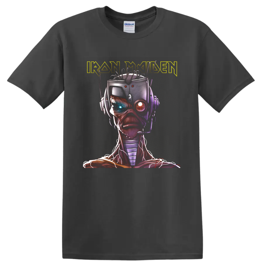 Iron Maiden Eddie the Head cyborg portrait with glowing mechanical eyes and wired headset on a Charcoal T Shirt