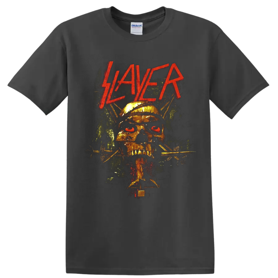 Slayer logo above a spiked helmet skull with barbed wire in gritty heavy metal art on a Charcoal T Shirt