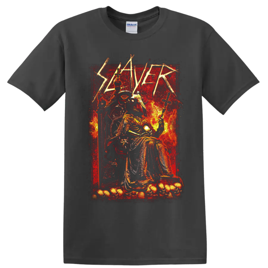 Slayer Show No Mercy gothic horned skeleton on throne with flames and skulls on a Charcoal T Shirt