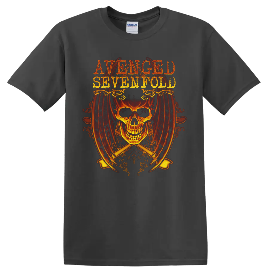 Avenged Sevenfold distressed lettering above a fiery skull with gothic ornaments on a Charcoal T Shirt