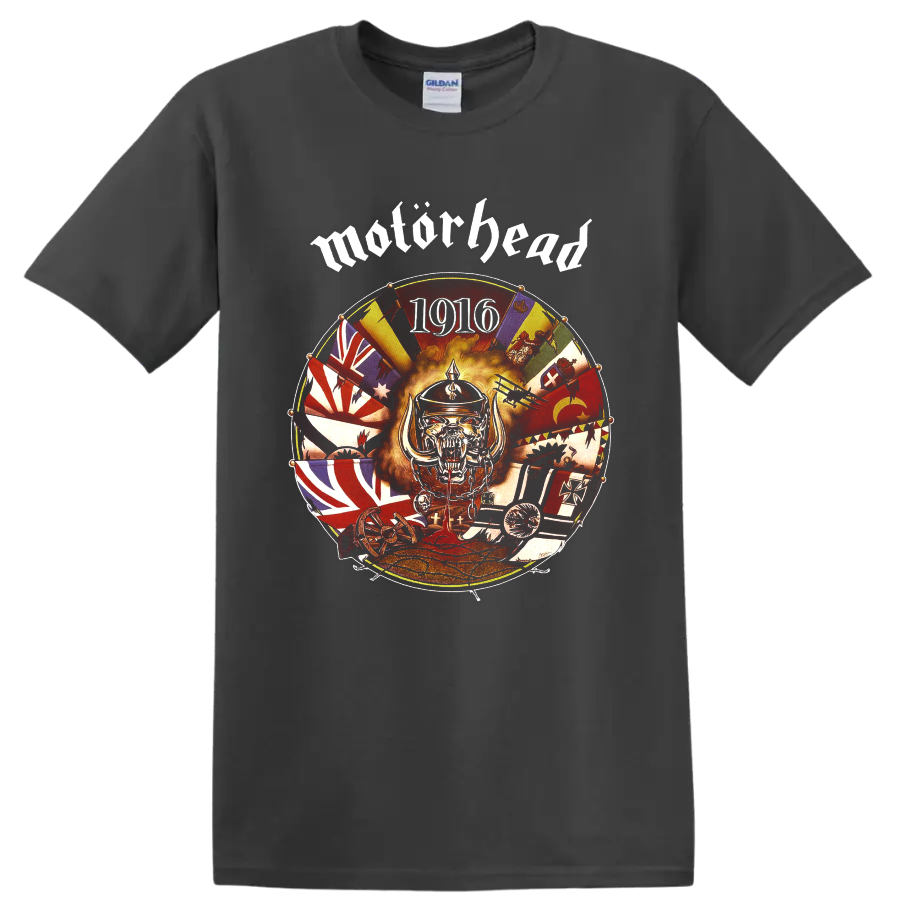 Motorhead 1916 circular war collage with snarling War Pig mascot on a Charcoal T Shirt