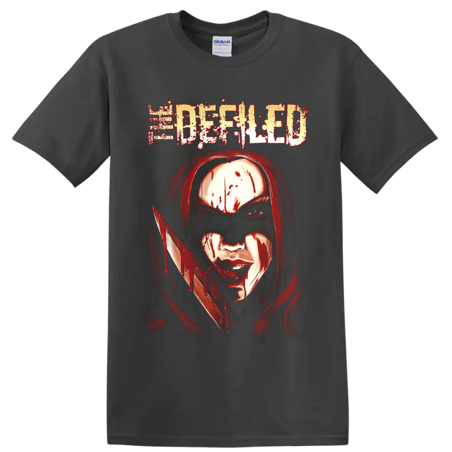 Defiled distressed logo above a blood-streaked figure holding a dripping blade on a Charcoal T Shirt