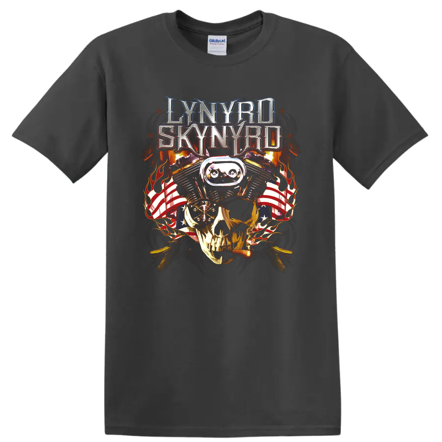 Lynyrd Skynyrd metallic logo above goggled skull, flames, and American flag graphic on a Charcoal T Shirt