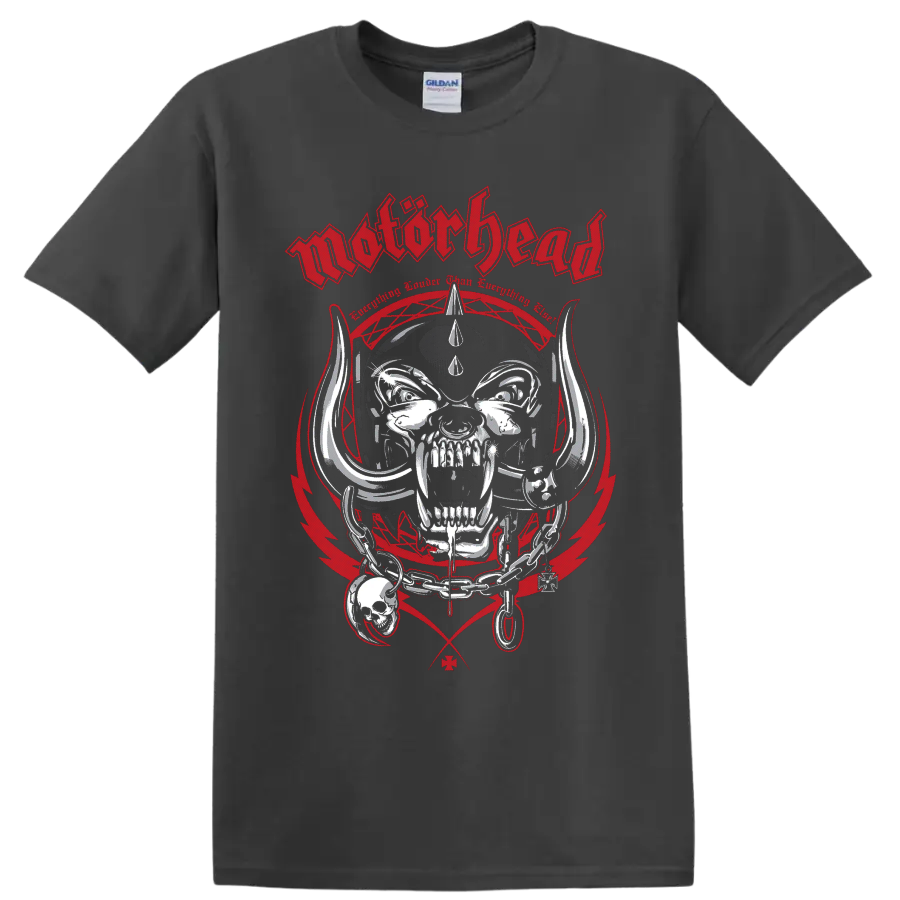 Motorhead Snaggletooth Warpig horned skull graphic with chains and red industrial frame on a Charcoal T Shirt