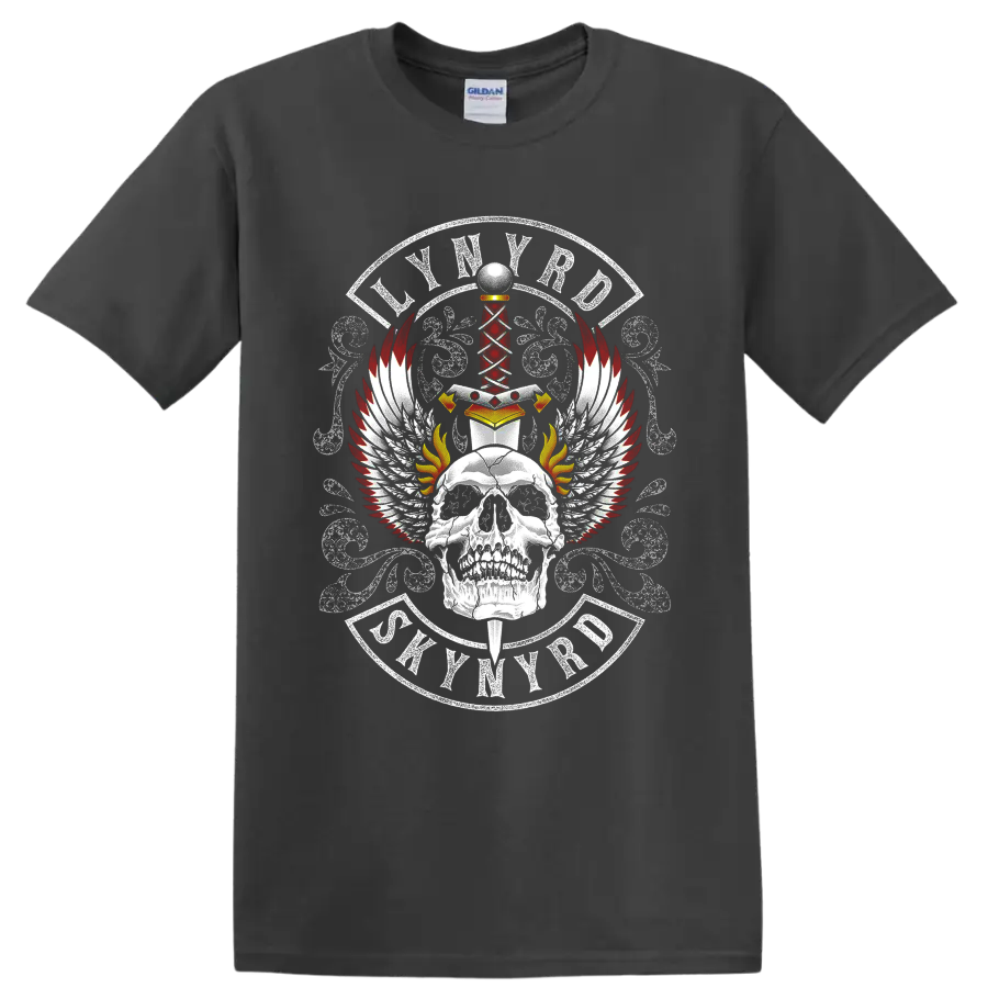 Lynyrd Skynyrd skull, sword, wings, flames, and distressed crest graphic on a Charcoal T Shirt