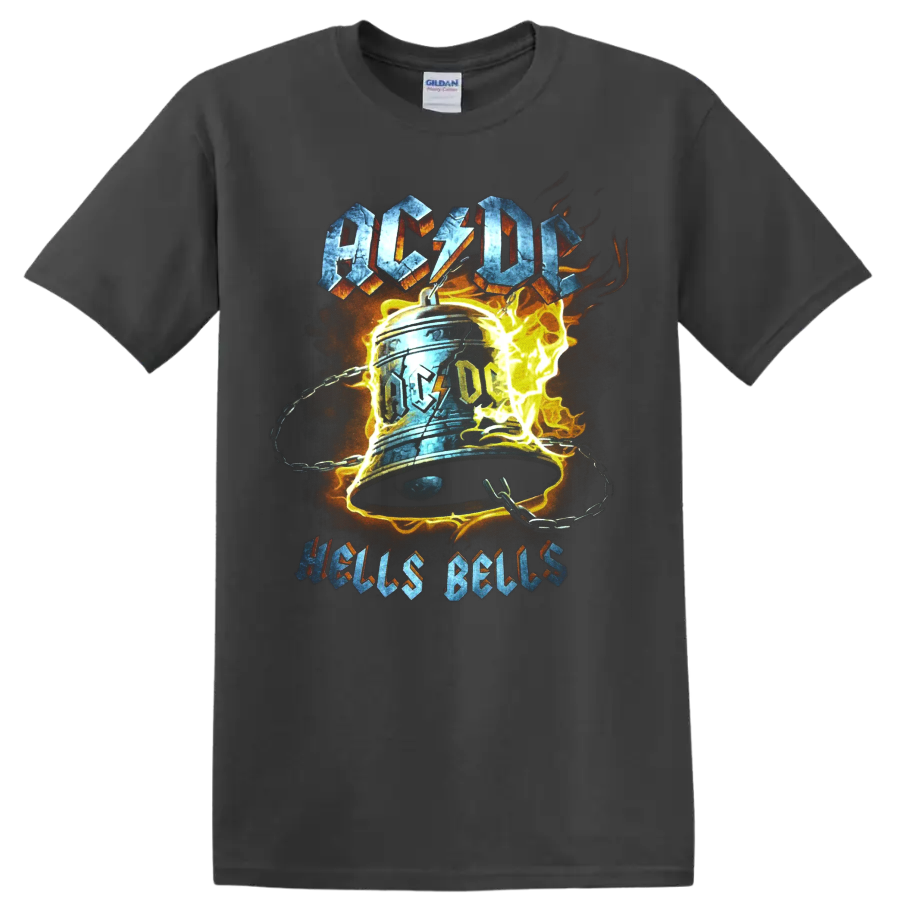 AC/DC Hells Bells distressed rock graphic with chained bell, lightning, and flames on a Charcoal T Shirt