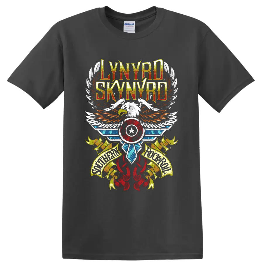 Lynyrd Skynyrd distressed eagle wings graphic with Southern Rock Roll banners on a Charcoal T Shirt