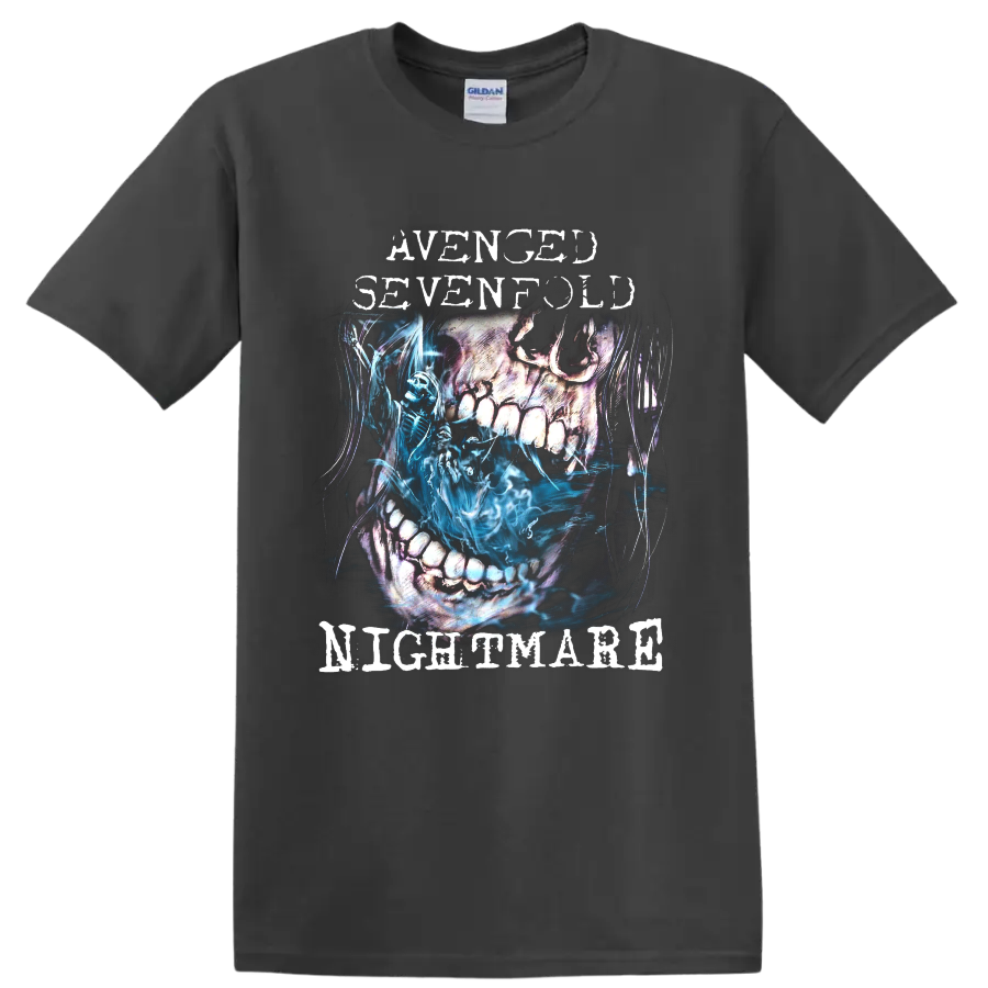 Avenged Sevenfold Nightmare distressed skull and blue skeleton graphic on a Charcoal T Shirt
