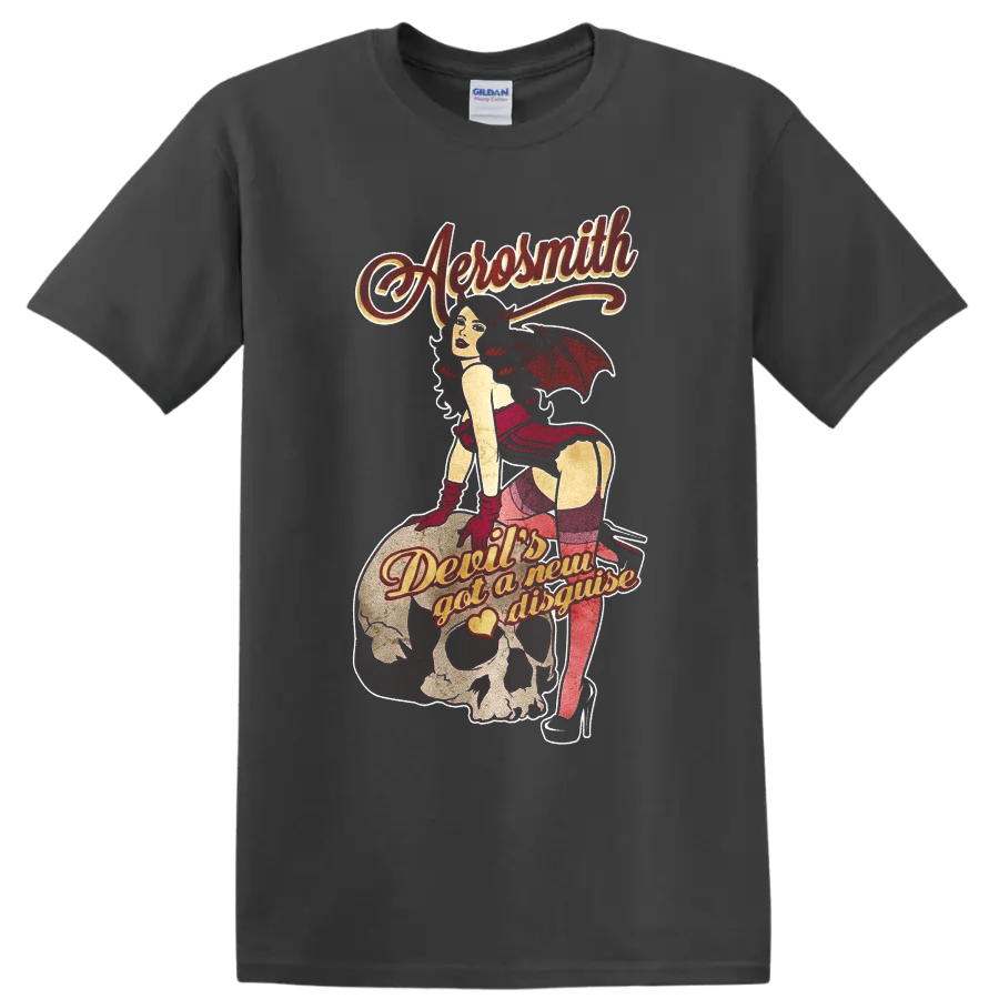 Aerosmith Devil's Got a New Disguise retro devil pinup skull and guitar graphic on a Charcoal T Shirt