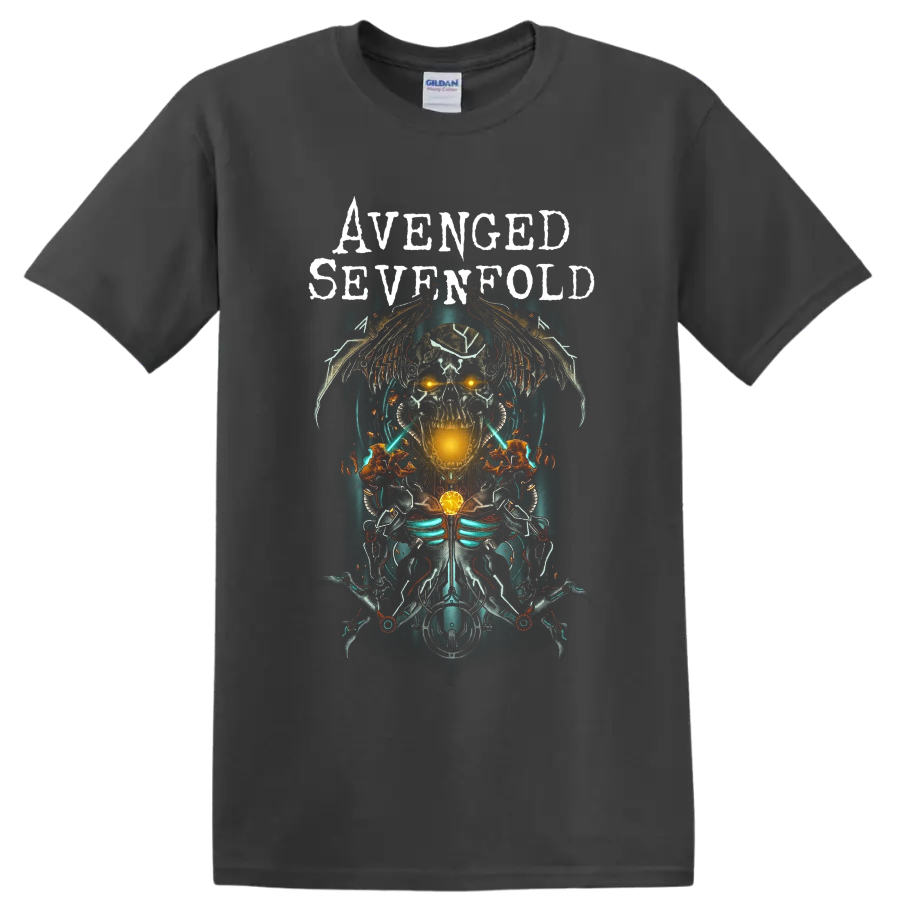 Avenged Sevenfold cybernetic winged skull graphic with distressed band lettering on a Charcoal T Shirt