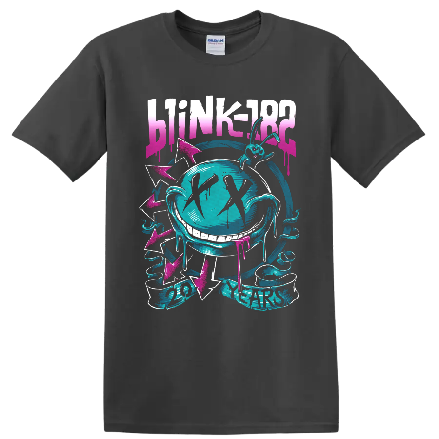 Blink-182 20 Years neon bunny and grinning face with pink arrows and drips on a Charcoal T Shirt