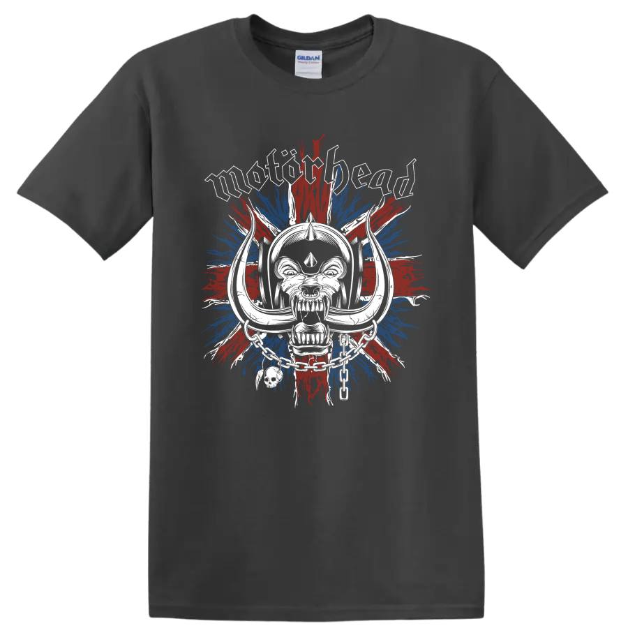 Motorhead Warpig skull with chains over distressed Union Jack paint bursts on a Charcoal T Shirt