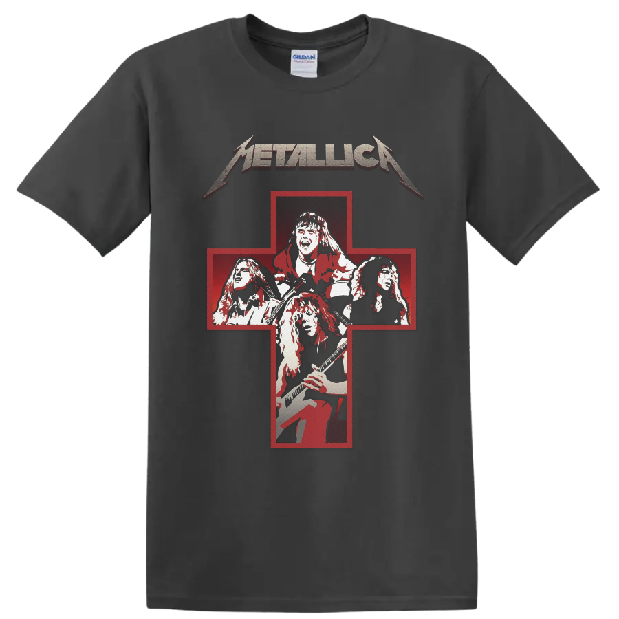 Metallica Cliff ’Em All distressed red cross band portrait graphic on a Charcoal T Shirt