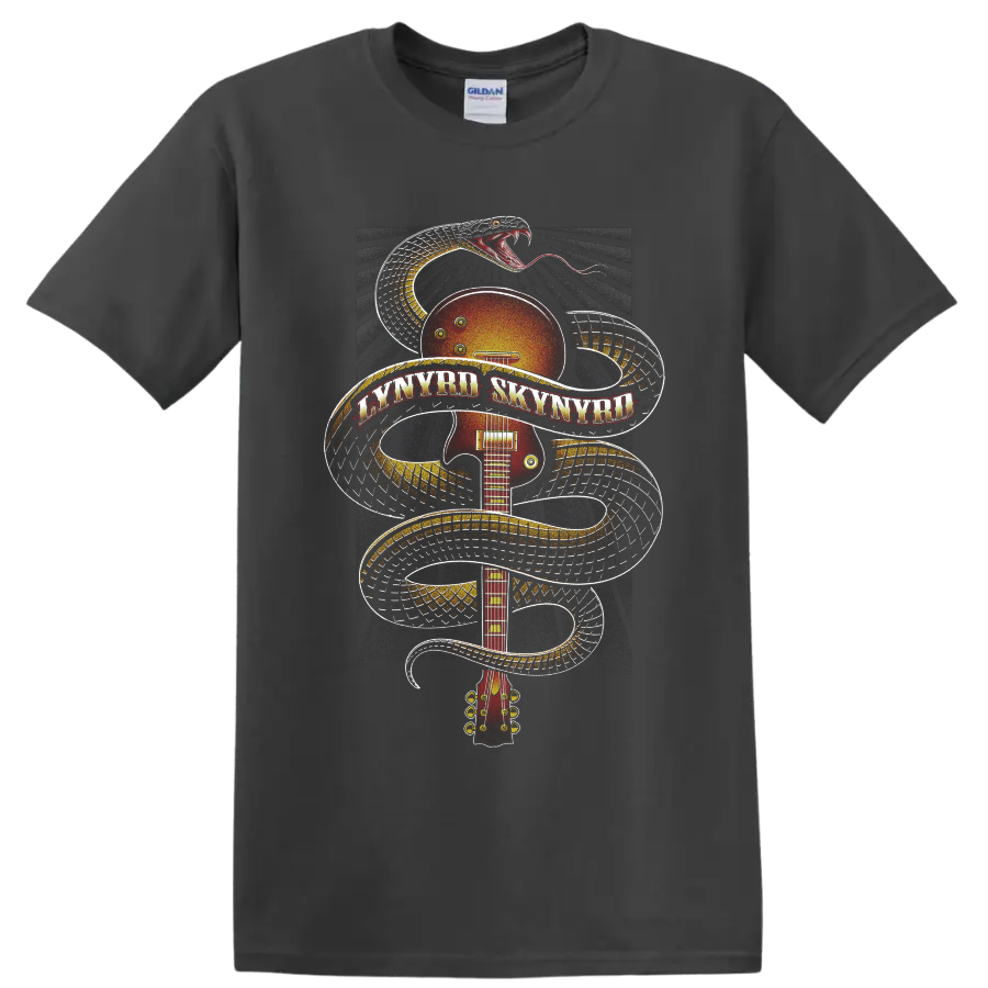 Lynyrd Skynyrd snake-wrapped sunburst guitar in vintage rock poster style on a Charcoal T Shirt
