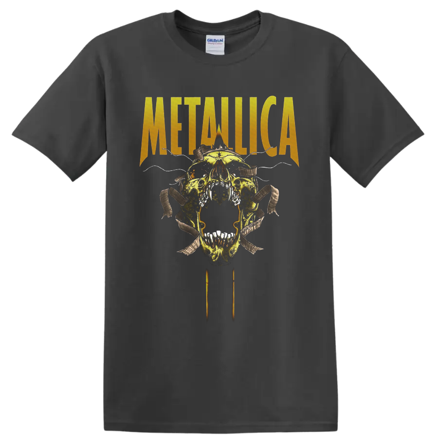 Metallica distressed logo above a horned skull with barbed wire and torn ribbons on a Charcoal T Shirt