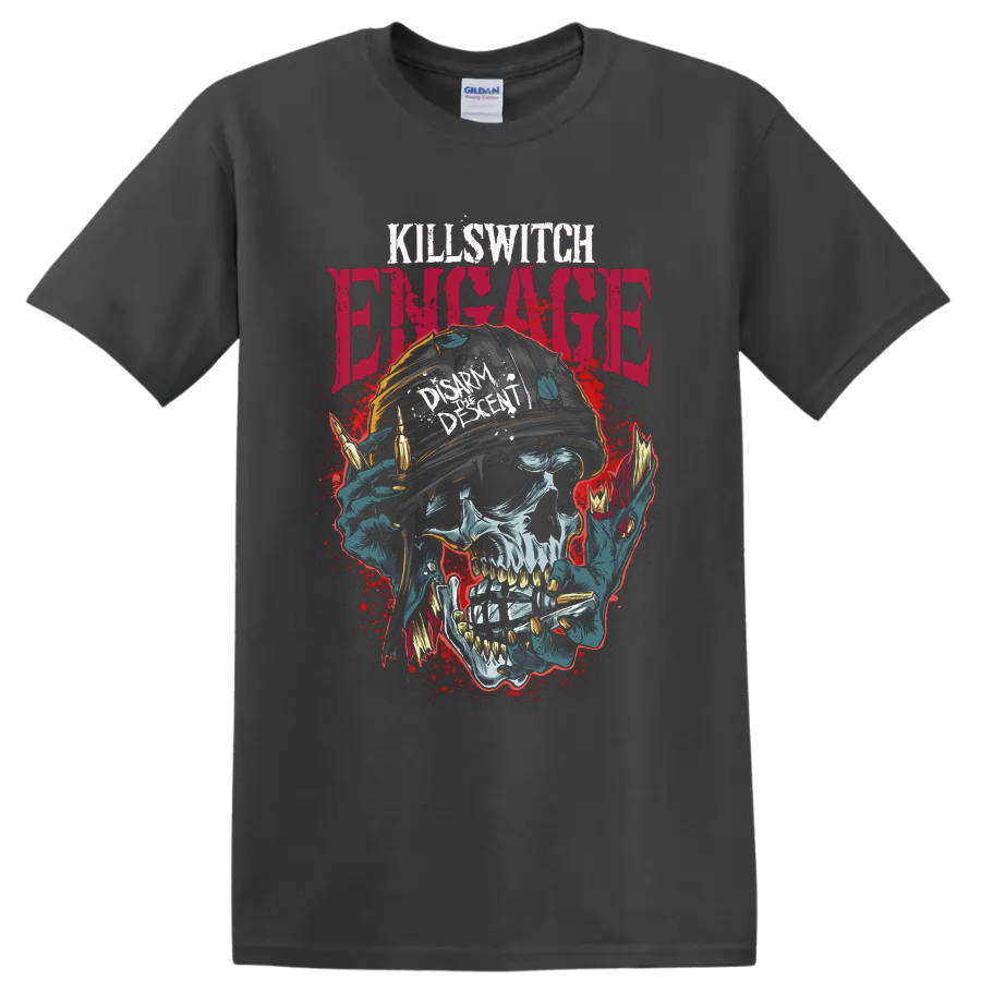 Killswitch Engage Disarm the Descent skull helmet and bullet graphic on a Charcoal T Shirt
